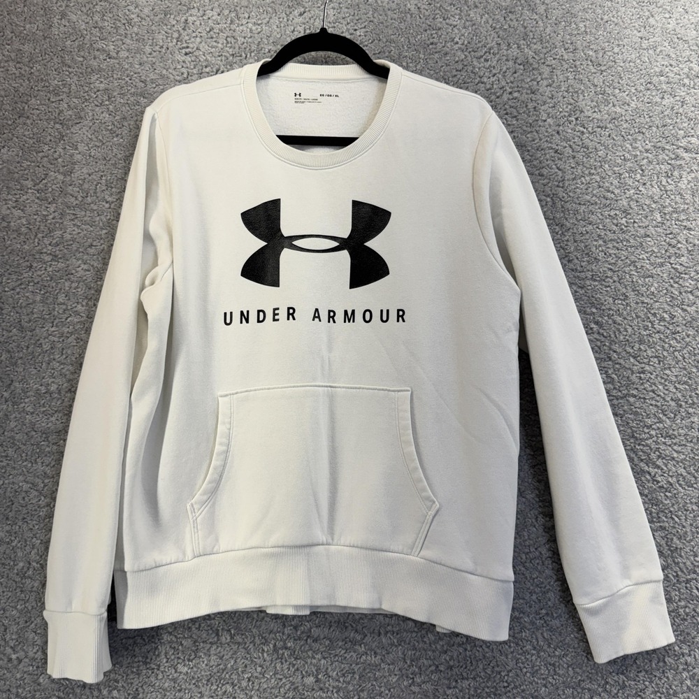 Under Armour Sweatshirt Mens XL White Loose Fleece Crewneck Kangaroo Pocket Logo